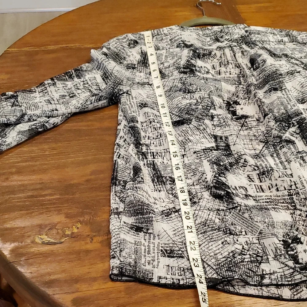 Christopher & Banks Black White Flowy Blouse Newspaper Print Cardigan Sheer Med. - Picture 10 of 16